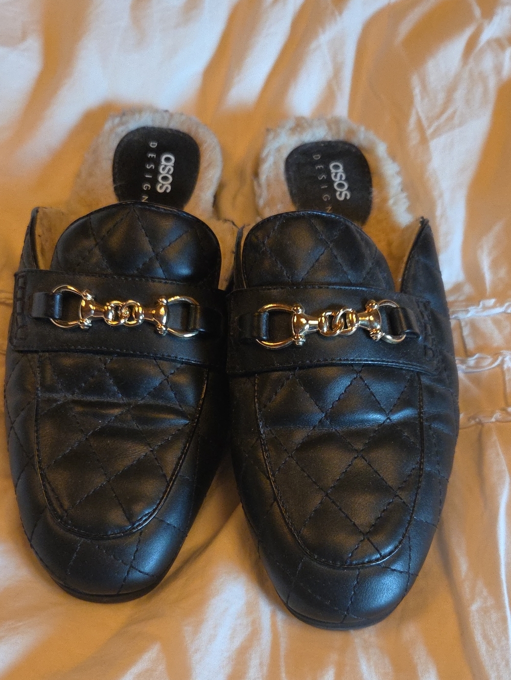 ASOS Black Quilted Faux Leather Slip-On Mules with Gold Chain Trim